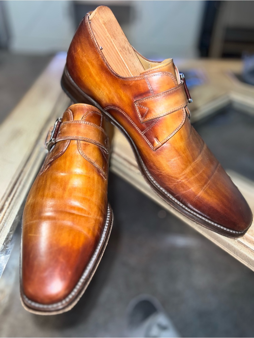 Magnannl Men's Tan Leather Monk Strap Dress Shoes 10M